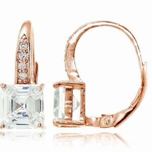Hoops & Loops Sterling Silver CZ Asscher Cut 15mm Leverback Earrings-Yellow Gold